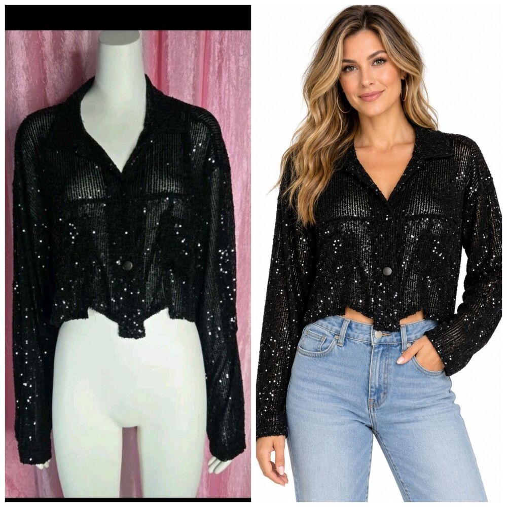 POL Black Sequin Sheer Crop Button-Up Oversized Blouse Size Large NWT